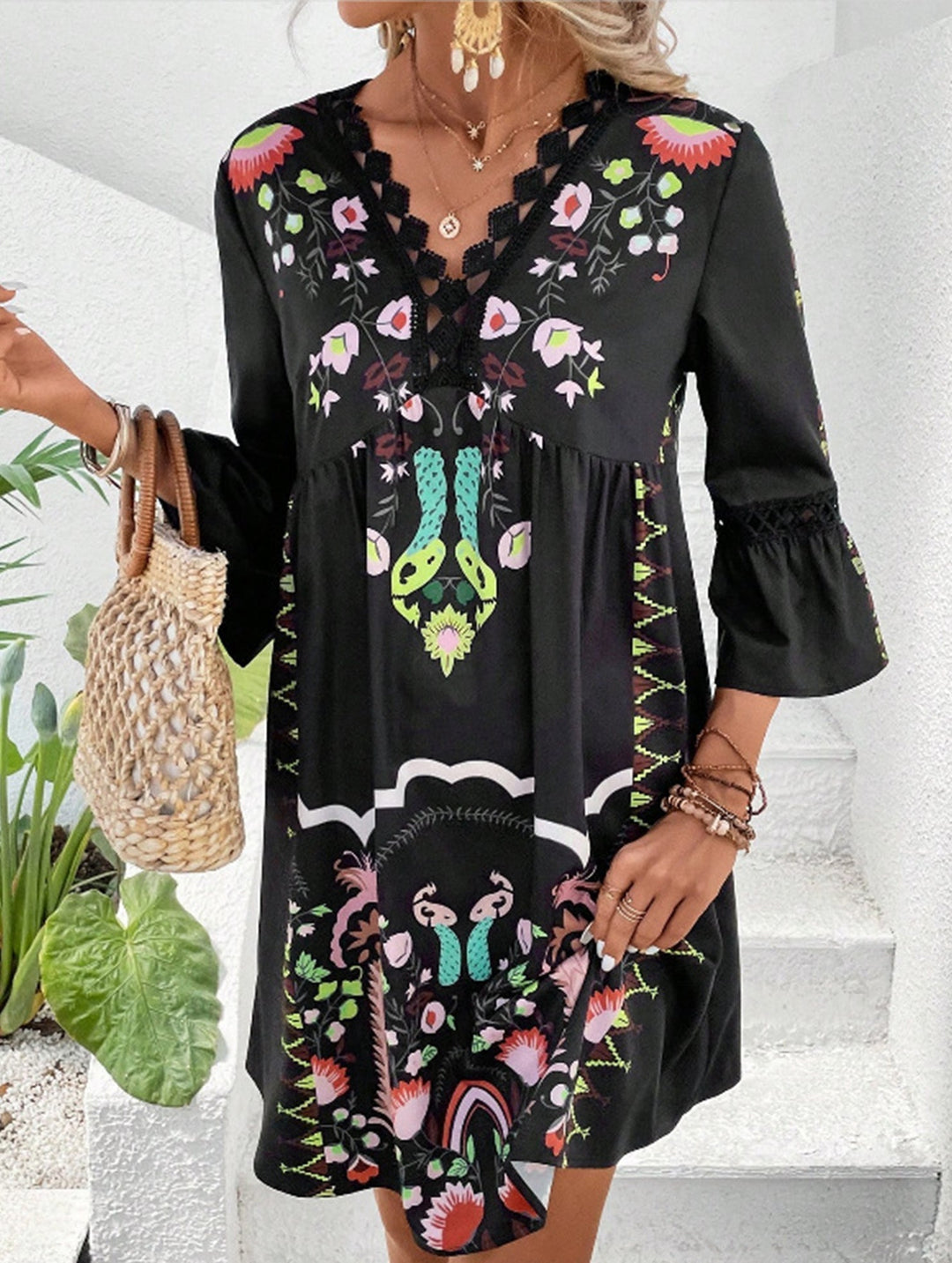 V Neck Lace Patch Print Dress – White Dress