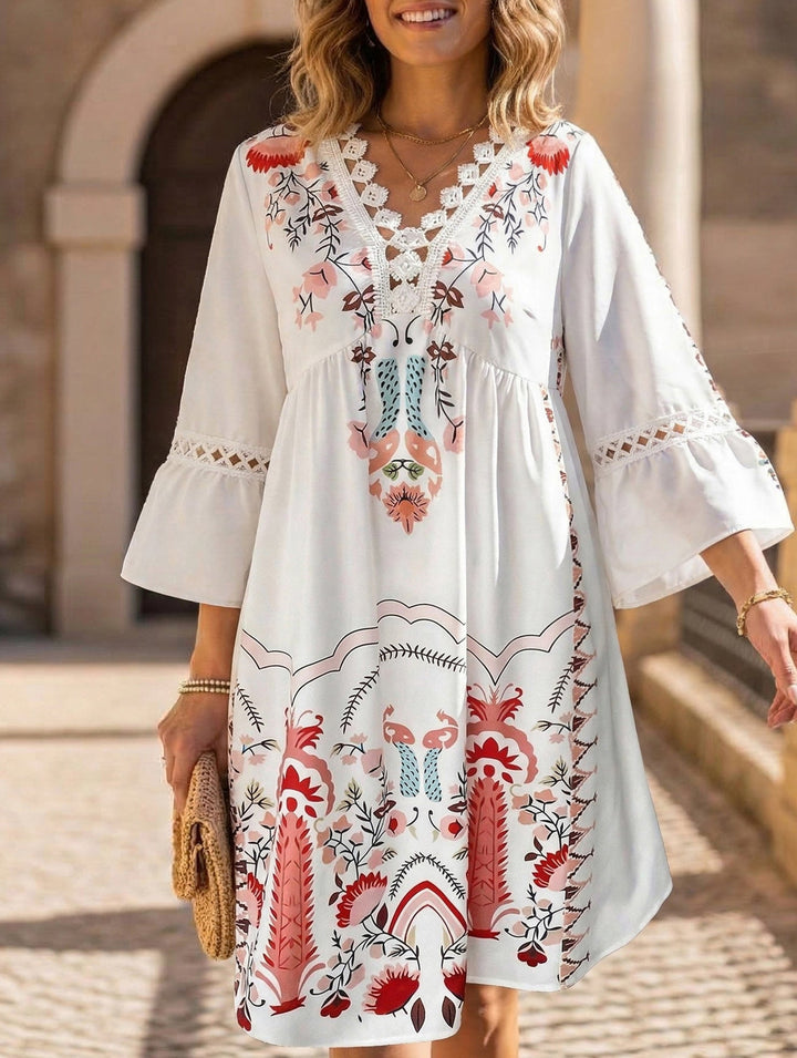V Neck Lace Patch Print Dress – White Dress