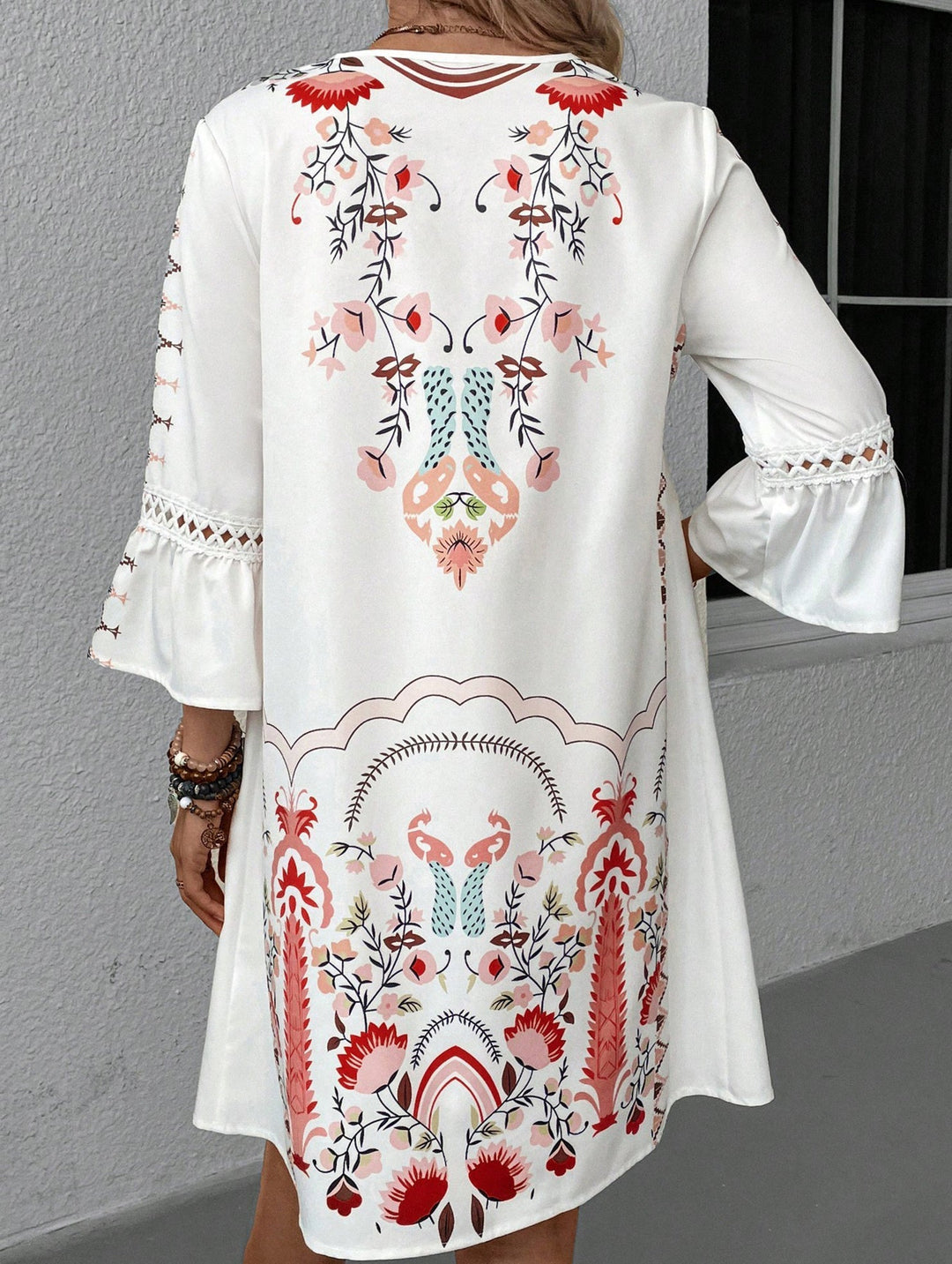 V Neck Lace Patch Print Dress – White Dress