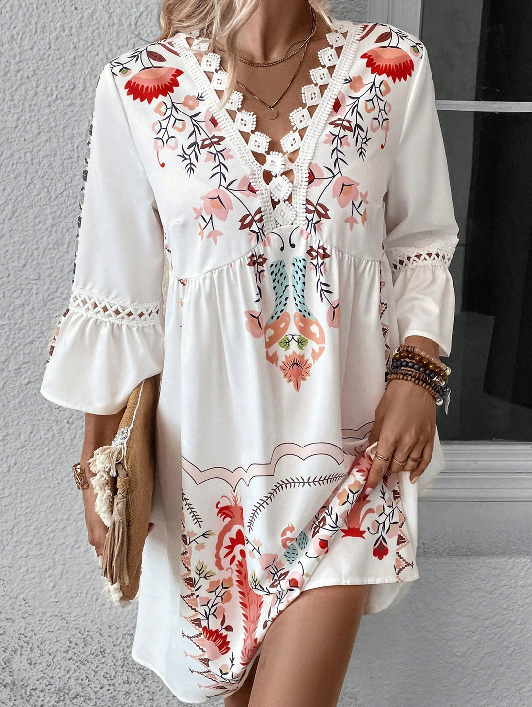 V Neck Lace Patch Print Dress – White Dress