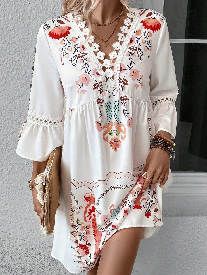 V Neck Lace Patch Print Dress – White Dress