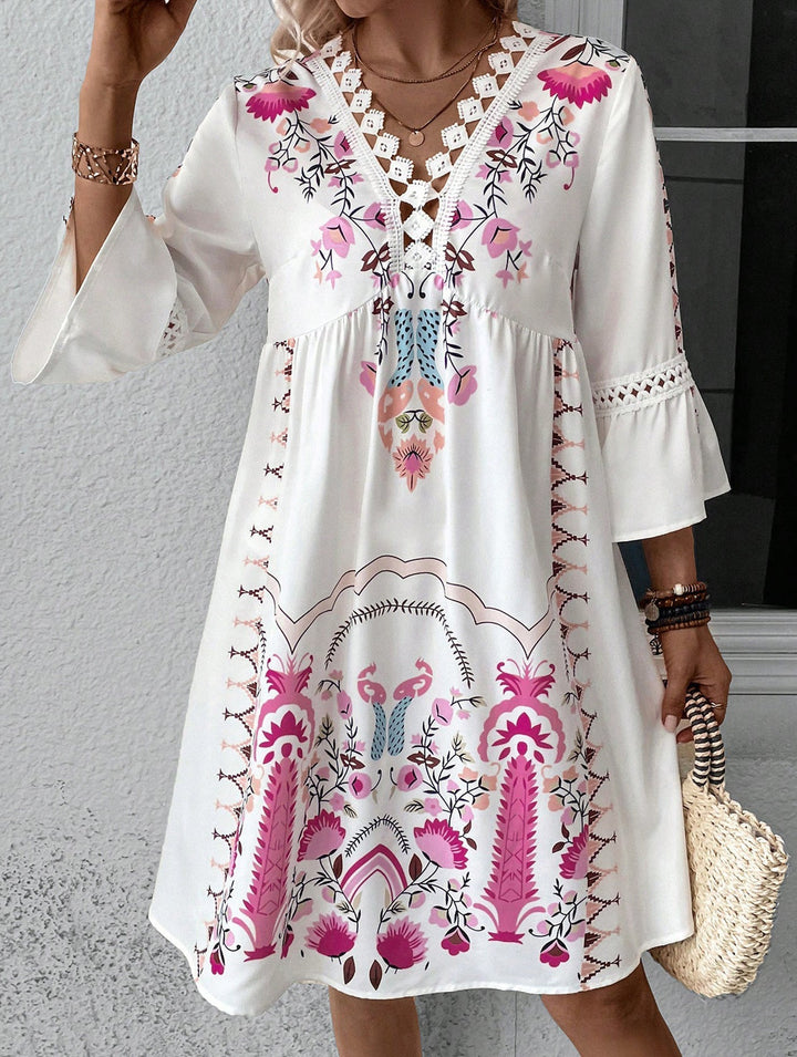 V Neck Lace Patch Print Dress – White Dress