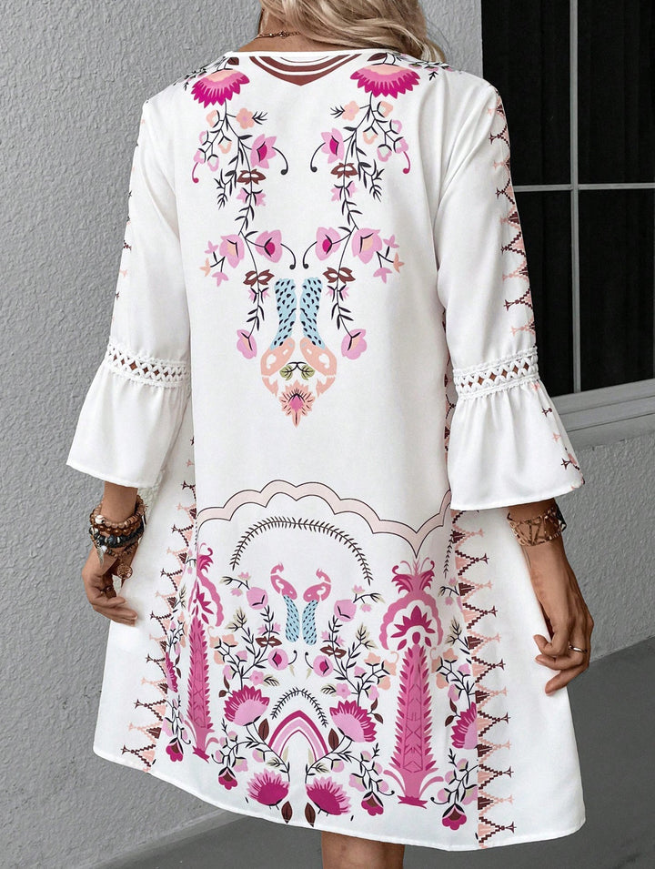 V Neck Lace Patch Print Dress – White Dress