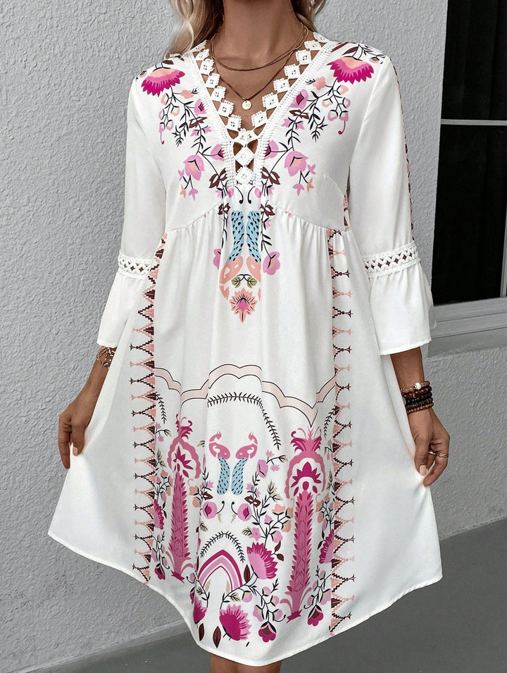 V Neck Lace Patch Print Dress – White Dress