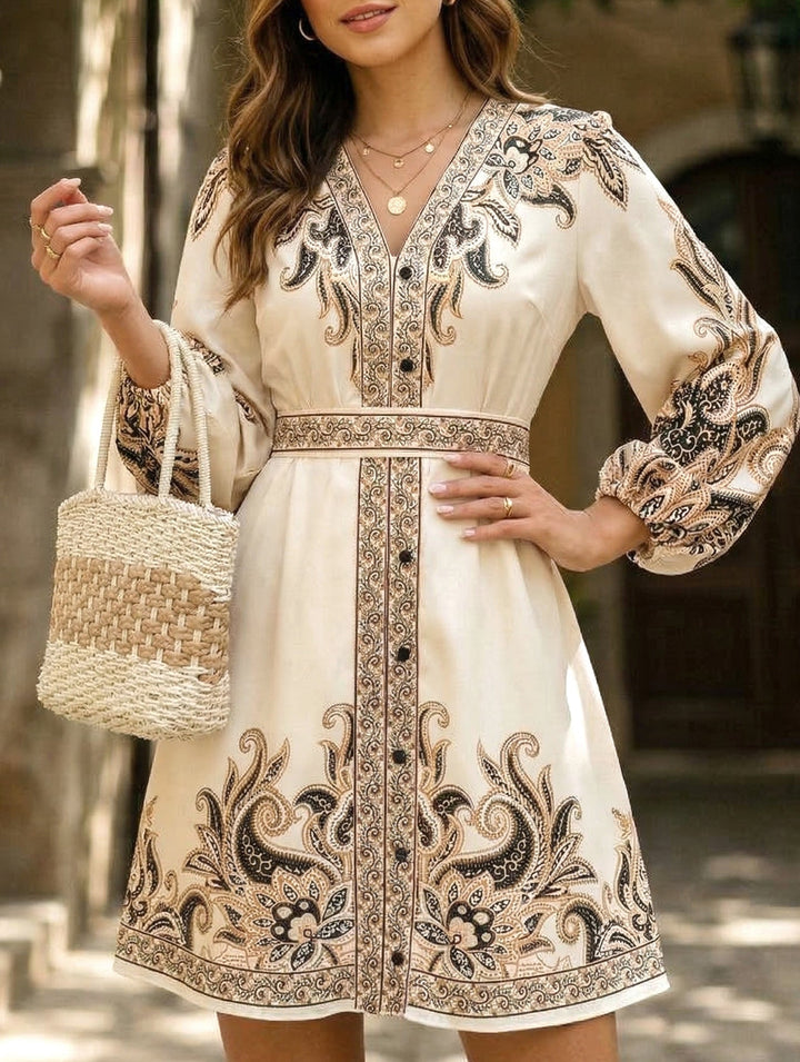 Tie Waist Print Midi Dress – White Midi Dress