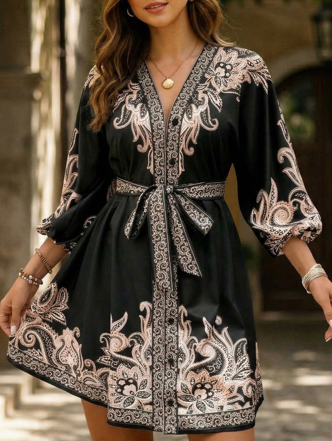 Tie Waist Print Midi Dress – White Midi Dress