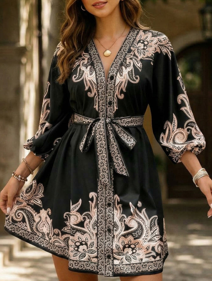 Tie Waist Print Midi Dress – White Midi Dress