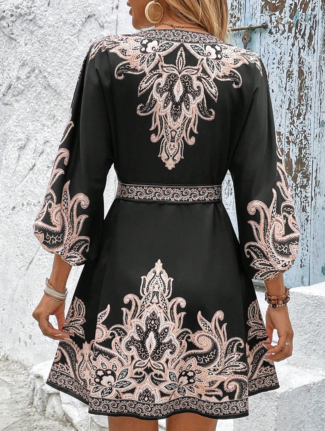 Tie Waist Print Midi Dress – White Midi Dress