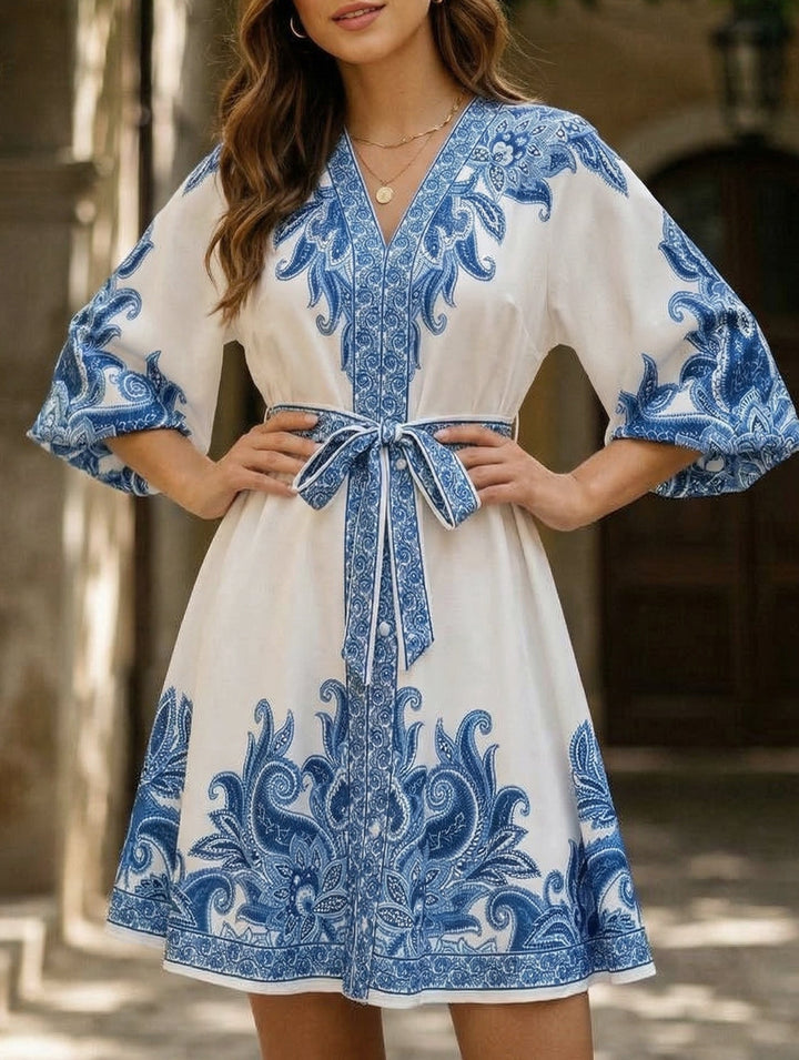 Tie Waist Print Midi Dress – White Midi Dress