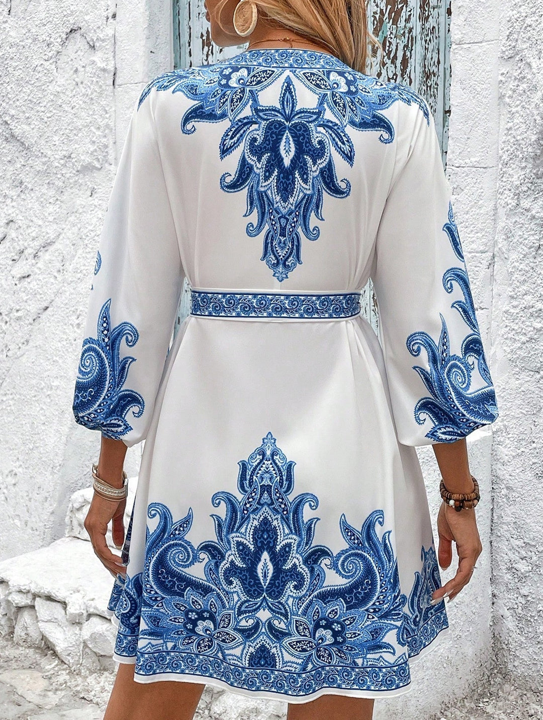Tie Waist Print Midi Dress – White Midi Dress