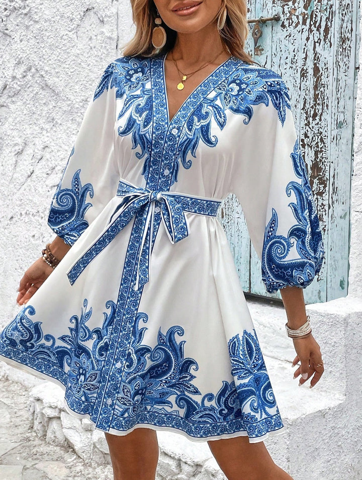 Tie Waist Print Midi Dress – White Midi Dress