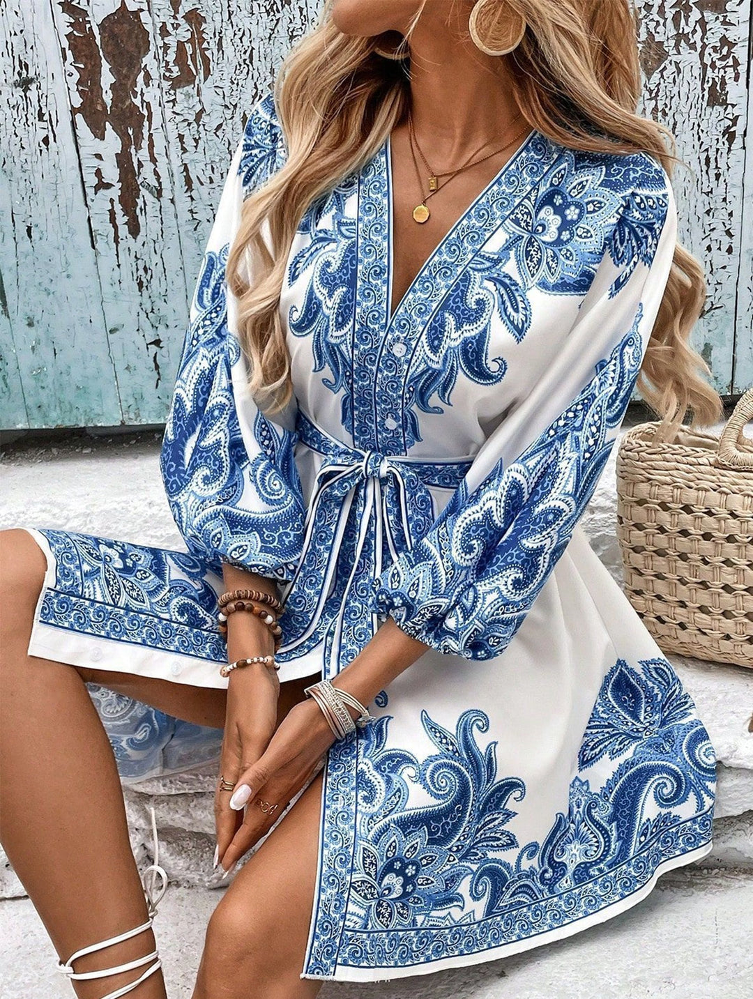 Tie Waist Print Midi Dress – White Midi Dress
