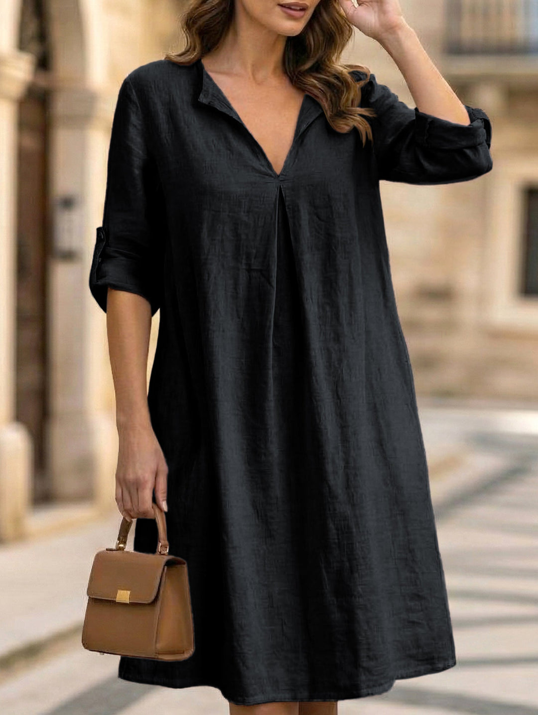 Linen V Neck Short Sleeve Dress – White Dress