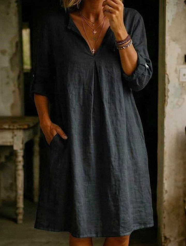 Linen V Neck Short Sleeve Dress – White Dress