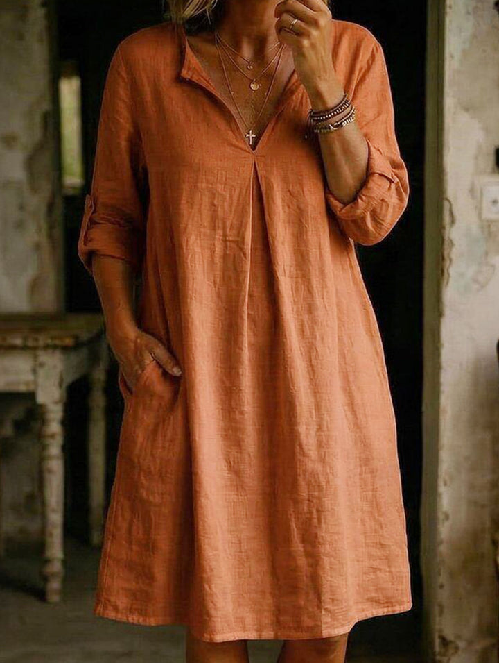 Linen V Neck Short Sleeve Dress – White Dress