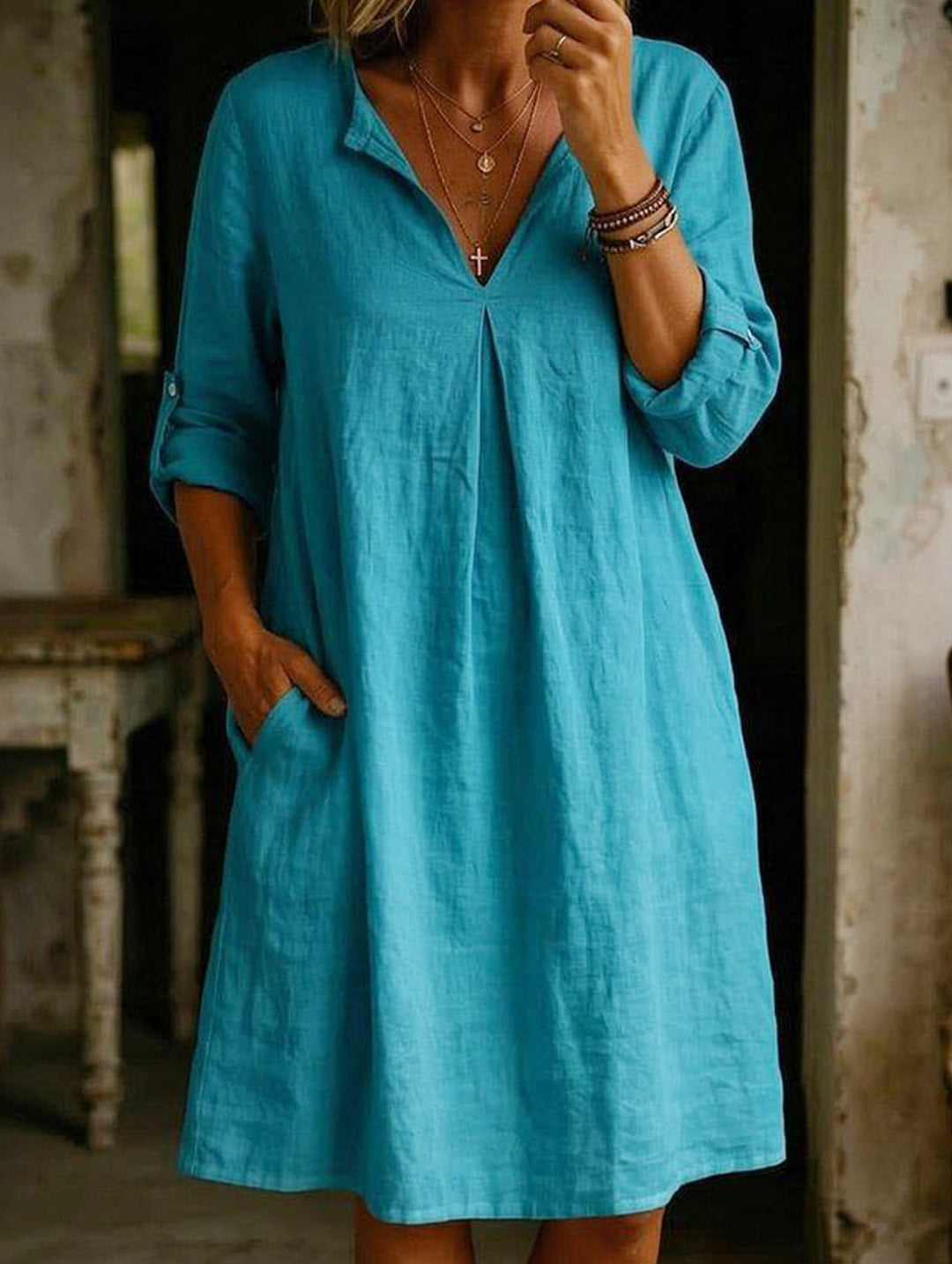 Linen V Neck Short Sleeve Dress – White Dress