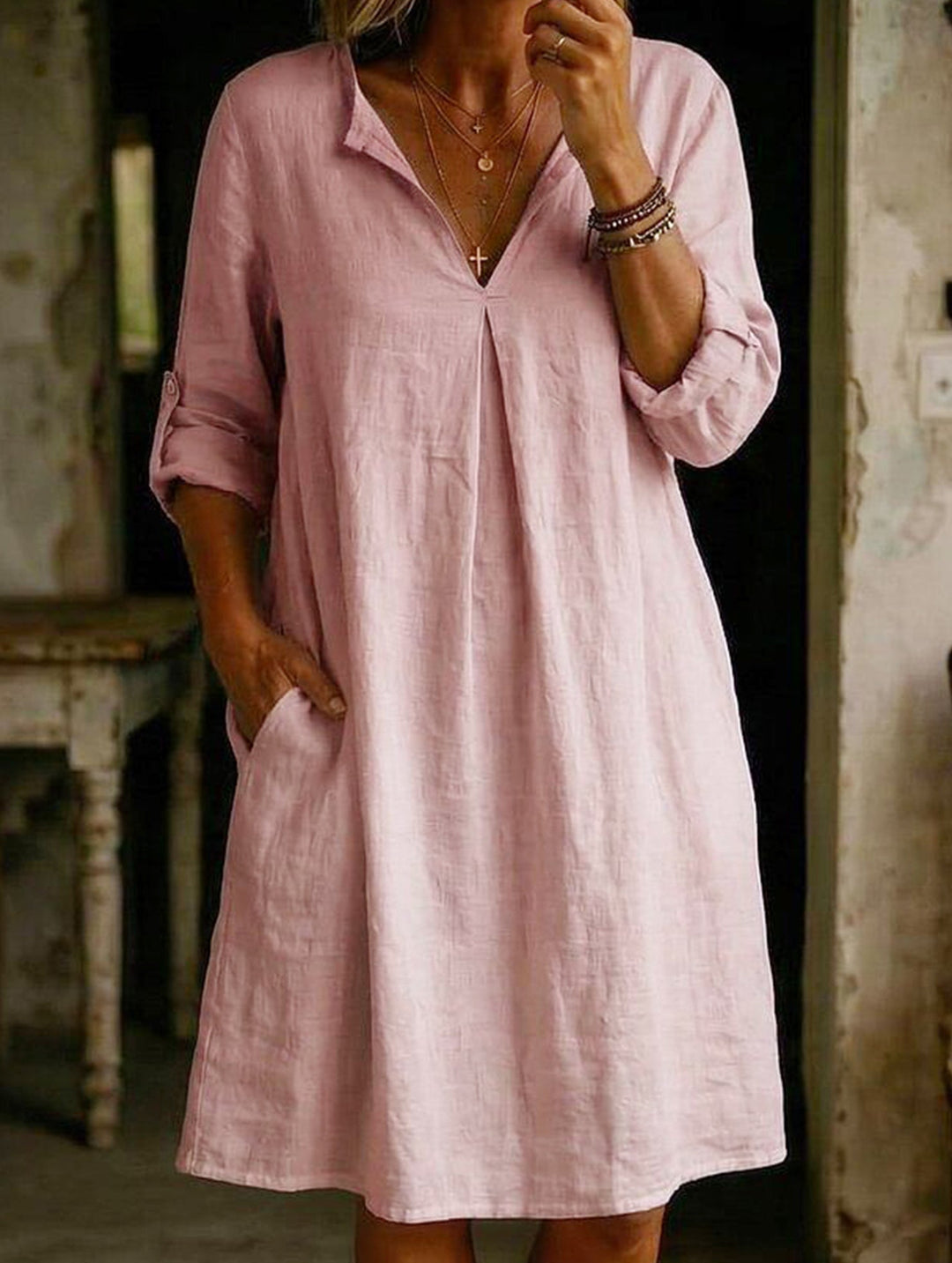 Linen V Neck Short Sleeve Dress – White Dress