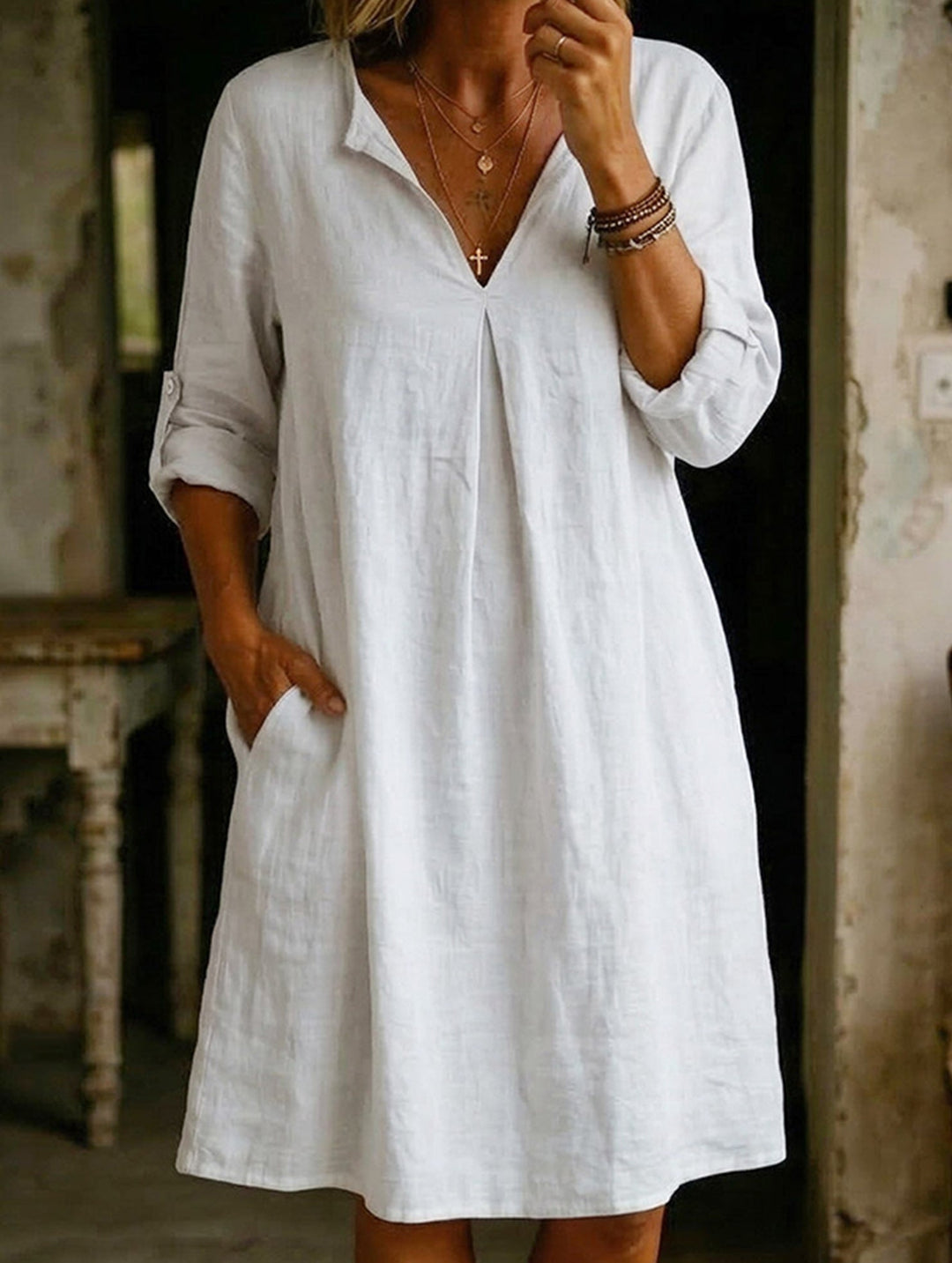 Linen V Neck Short Sleeve Dress – White Dress