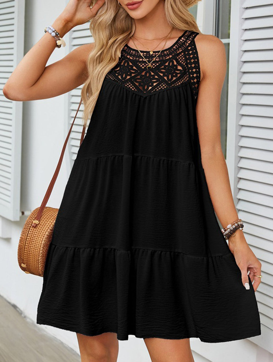 Lace Patch Halter A Line Dress – White Dress