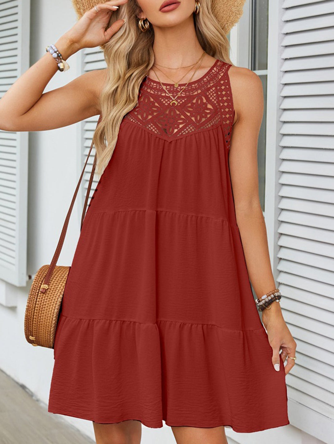 Lace Patch Halter A Line Dress – White Dress