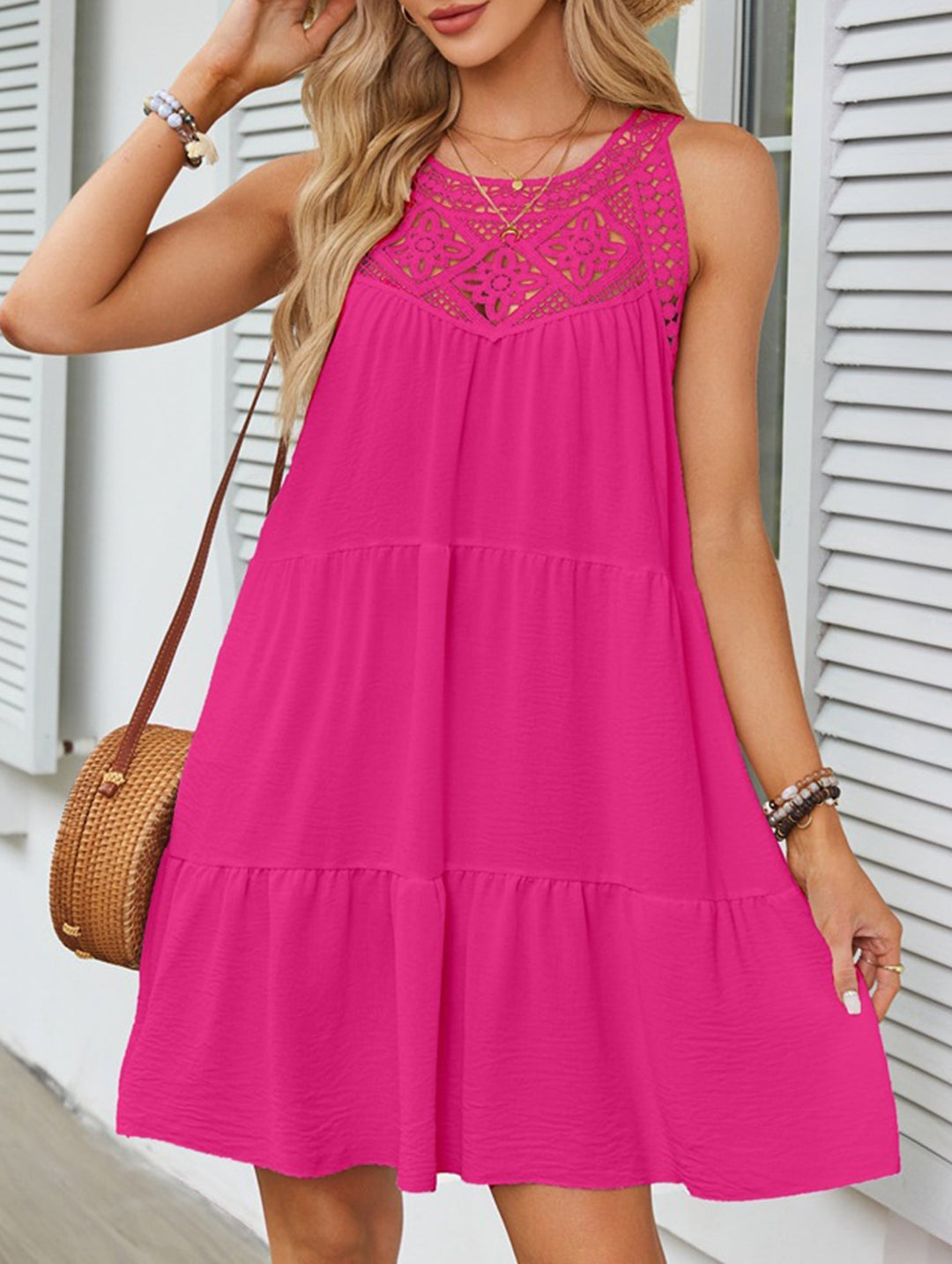 Lace Patch Halter A Line Dress – White Dress
