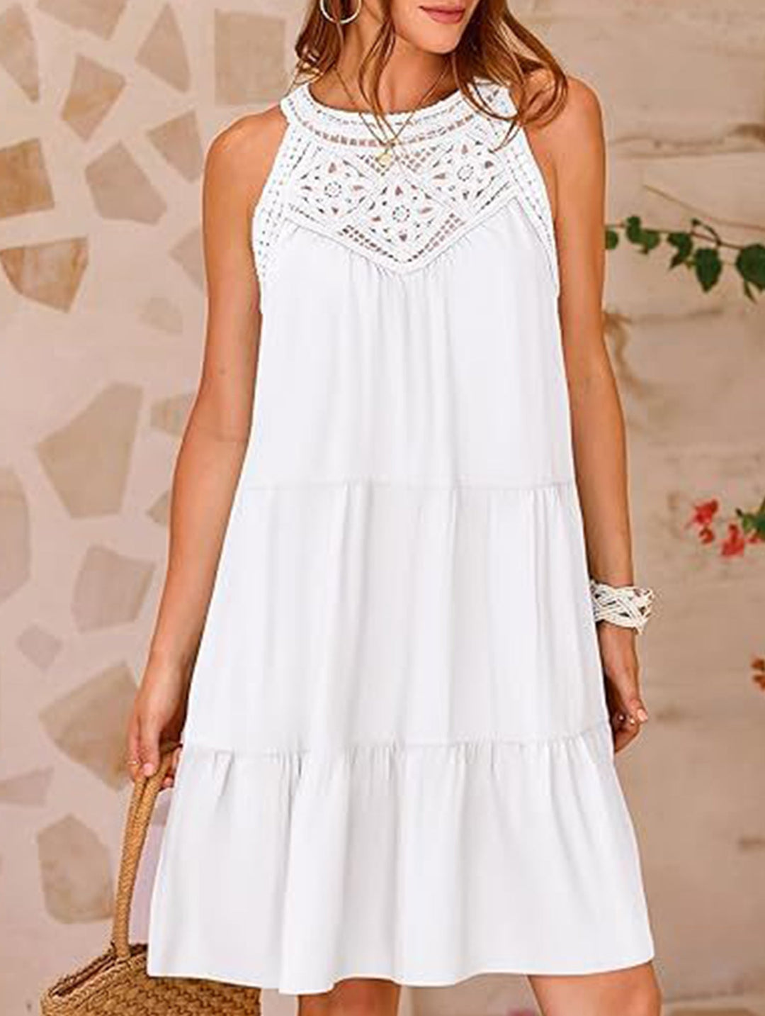 Lace Patch Halter A Line Dress – White Dress