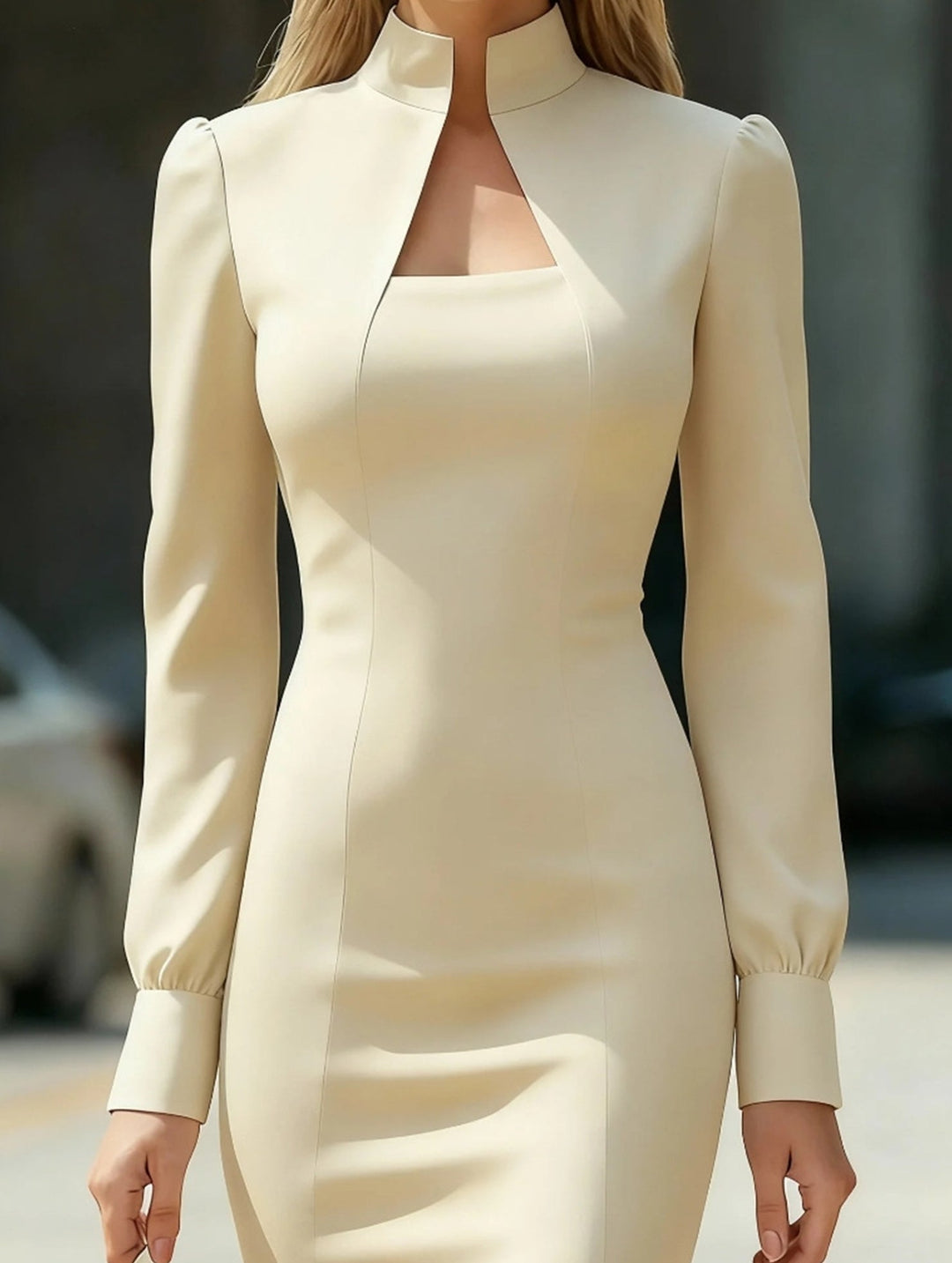 High Neck Long Sleeve Slim Fit Dress – White Dress
