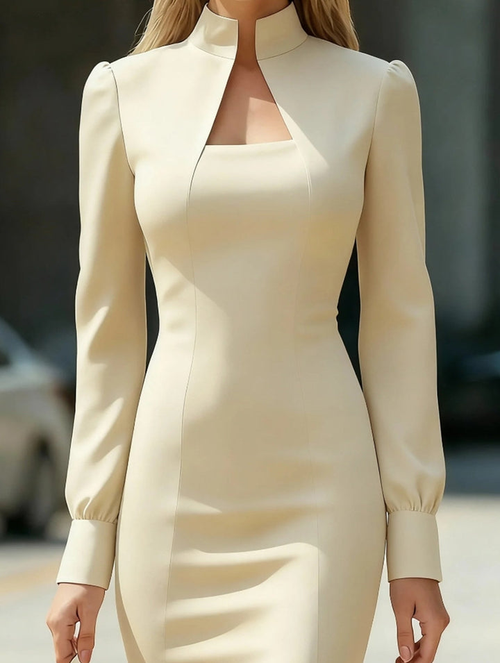 High Neck Long Sleeve Slim Fit Dress – White Dress