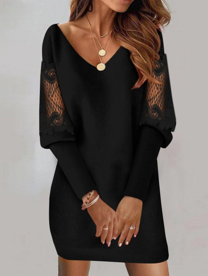 V Neck Lace Patchwork Printed Dress – White Dress