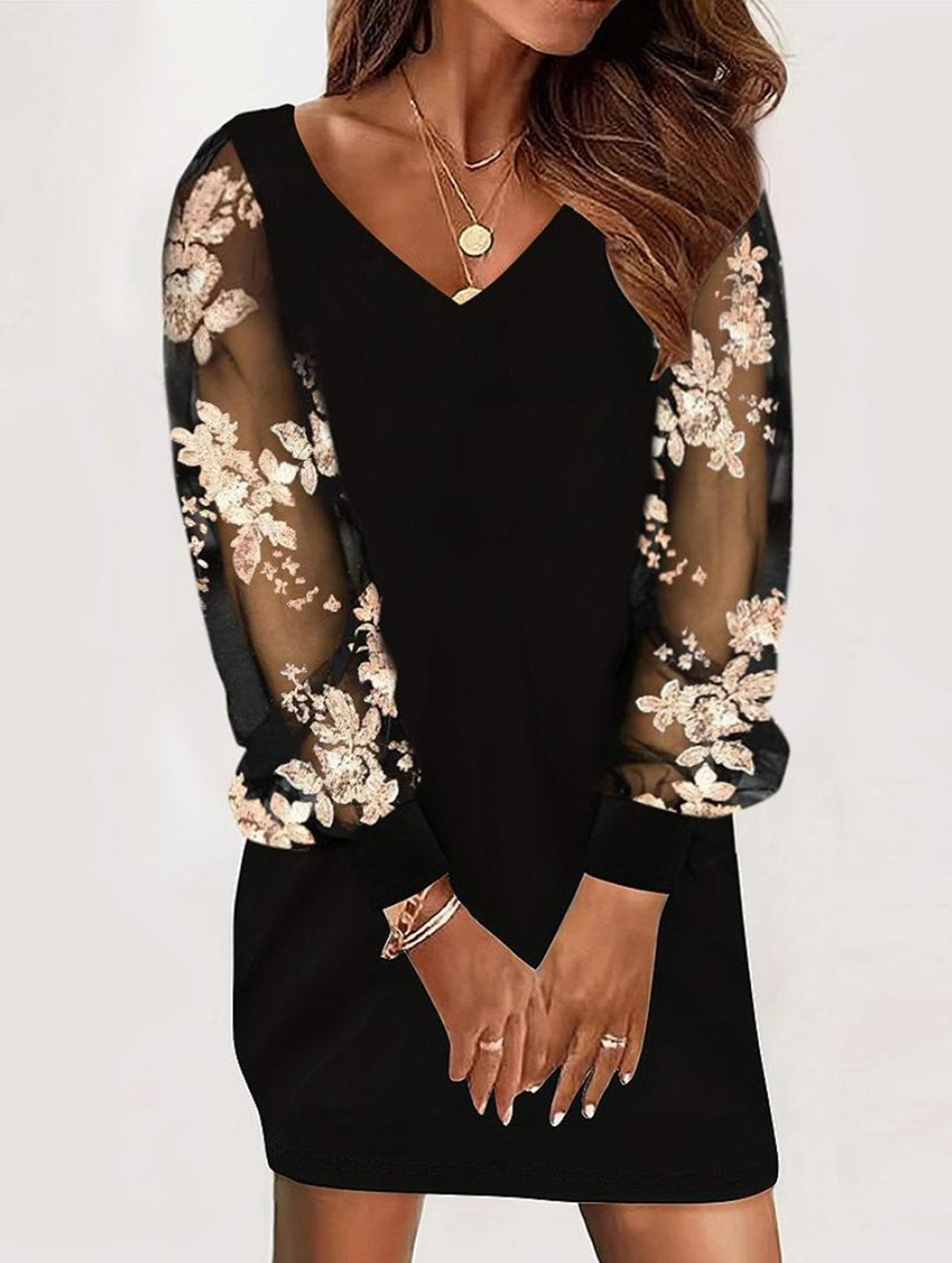 V Neck Lace Patchwork Printed Dress – White Dress