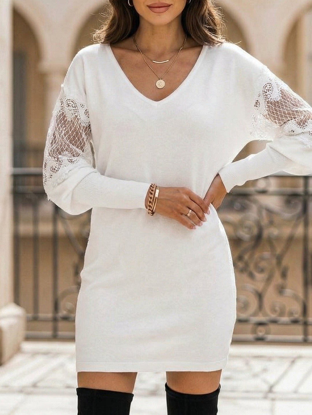 V Neck Lace Patchwork Printed Dress – White Dress