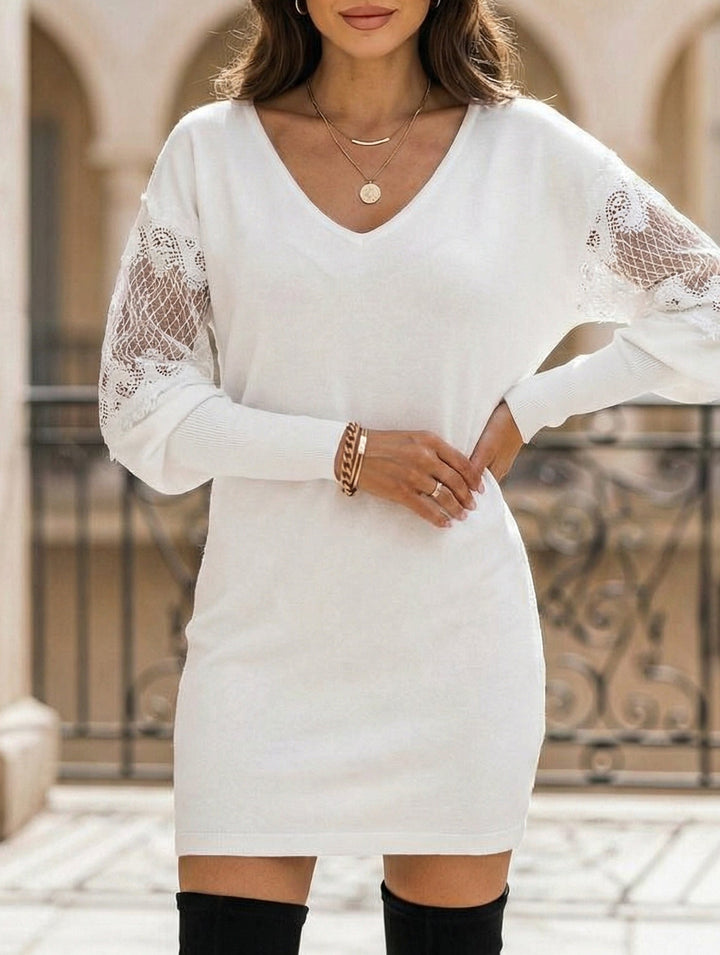 V Neck Lace Patchwork Printed Dress – White Dress
