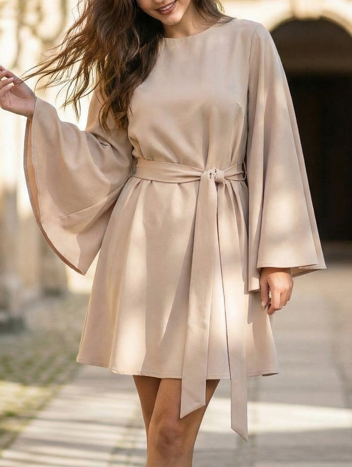 Round Neck Flare Sleeve Belted Dress – White Dress