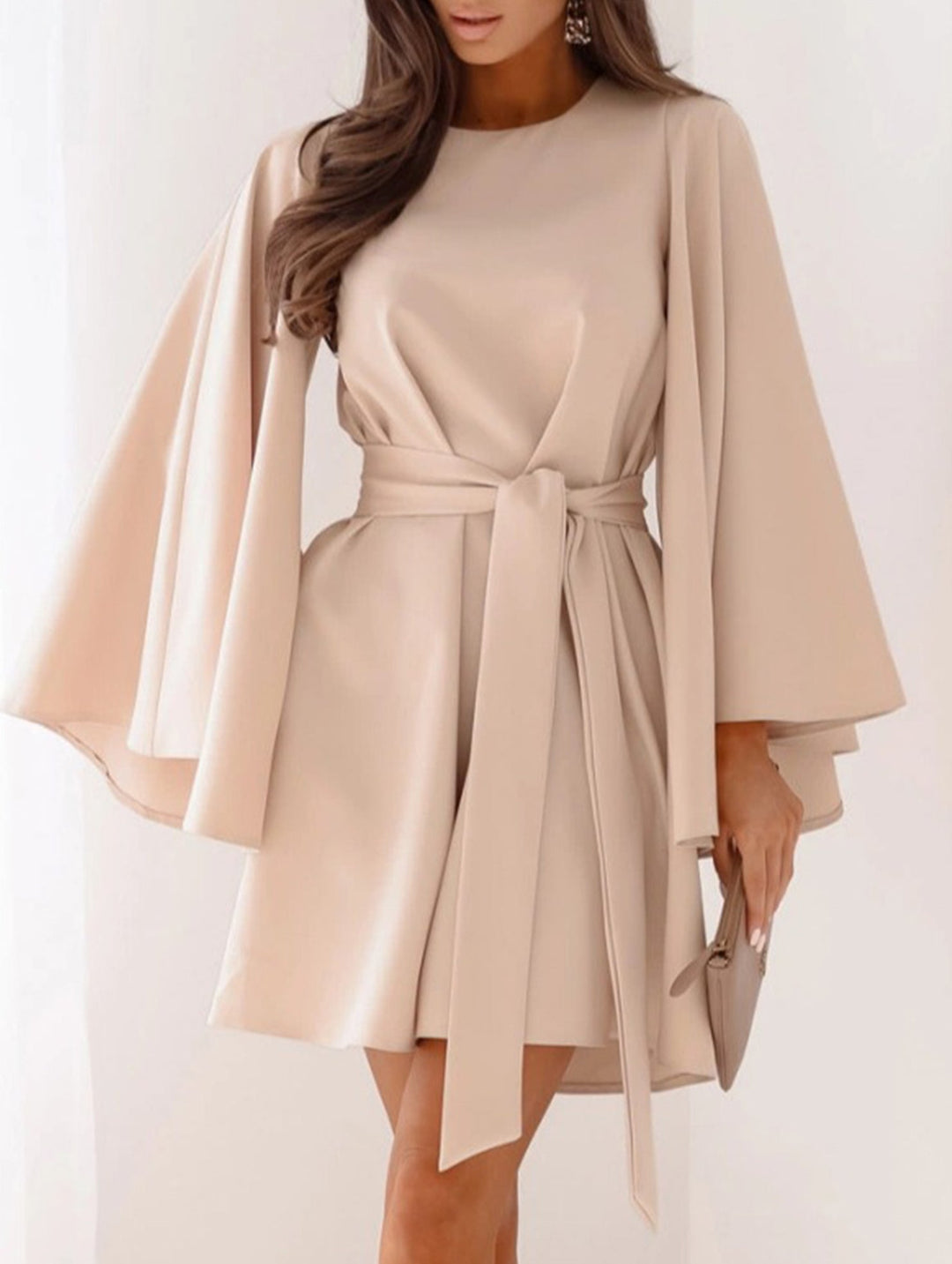 Round Neck Flare Sleeve Belted Dress – White Dress
