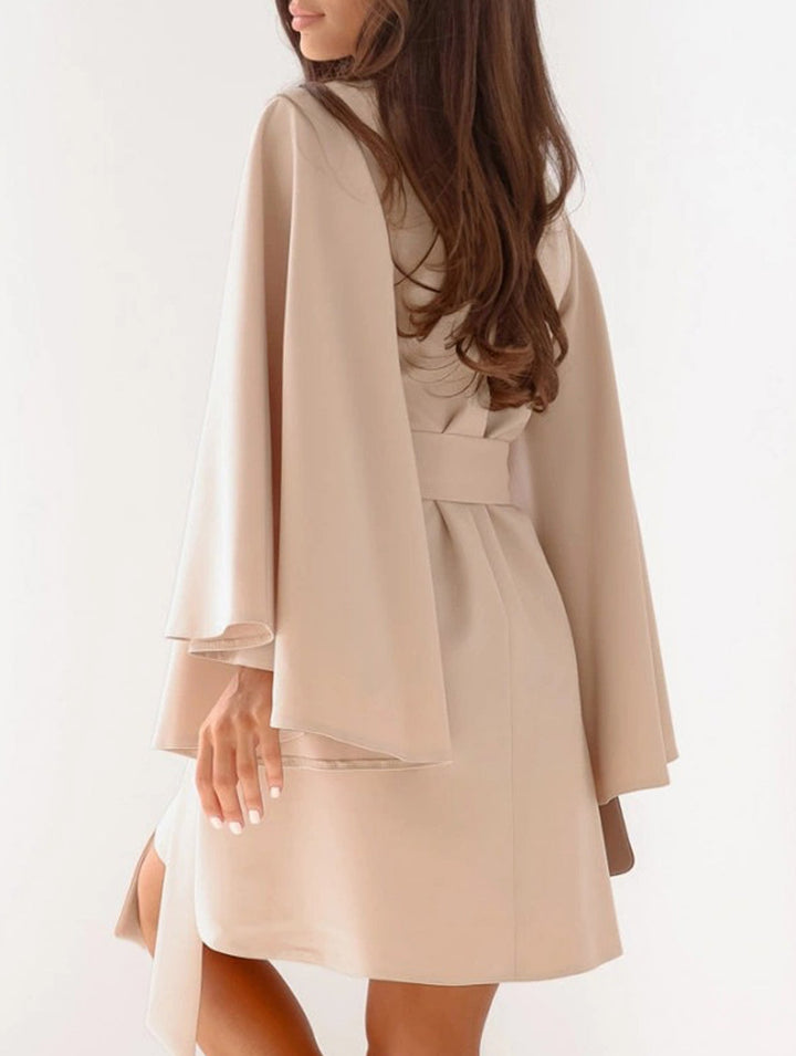 Round Neck Flare Sleeve Belted Dress – White Dress