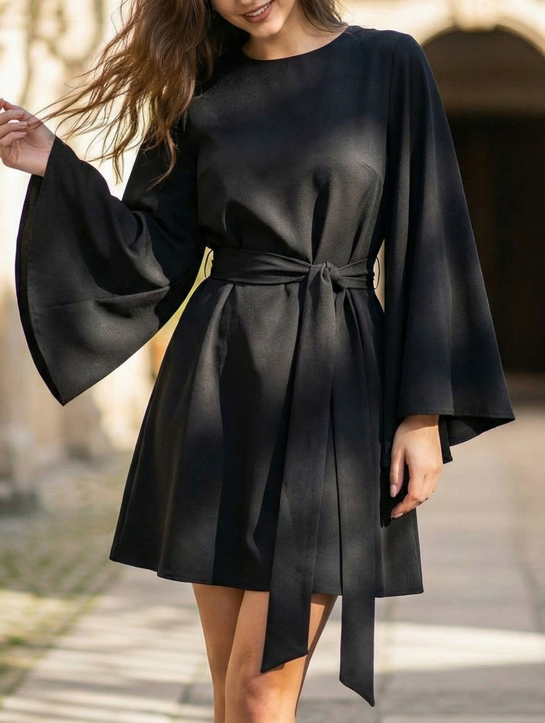 Round Neck Flare Sleeve Belted Dress – White Dress