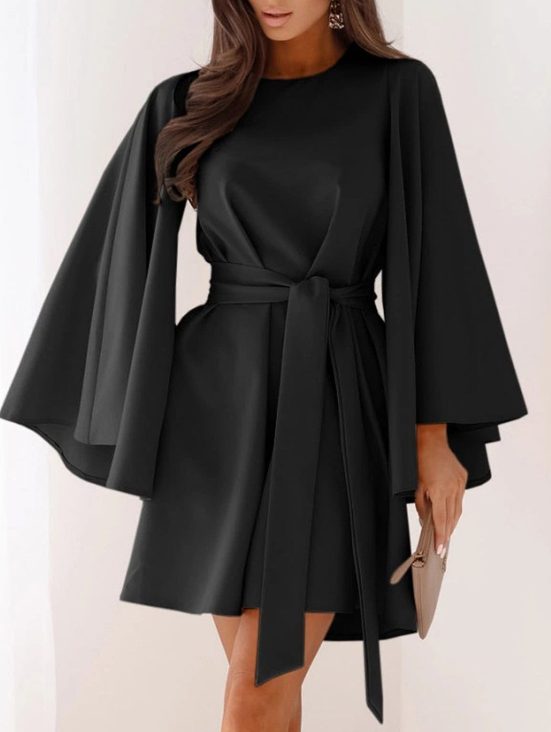 Round Neck Flare Sleeve Belted Dress – White Dress