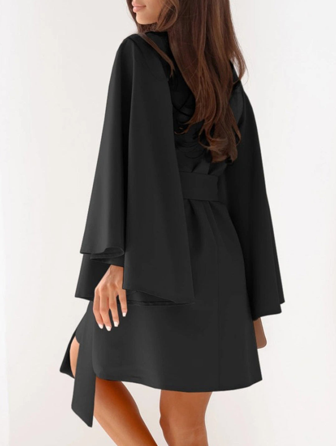 Round Neck Flare Sleeve Belted Dress – White Dress