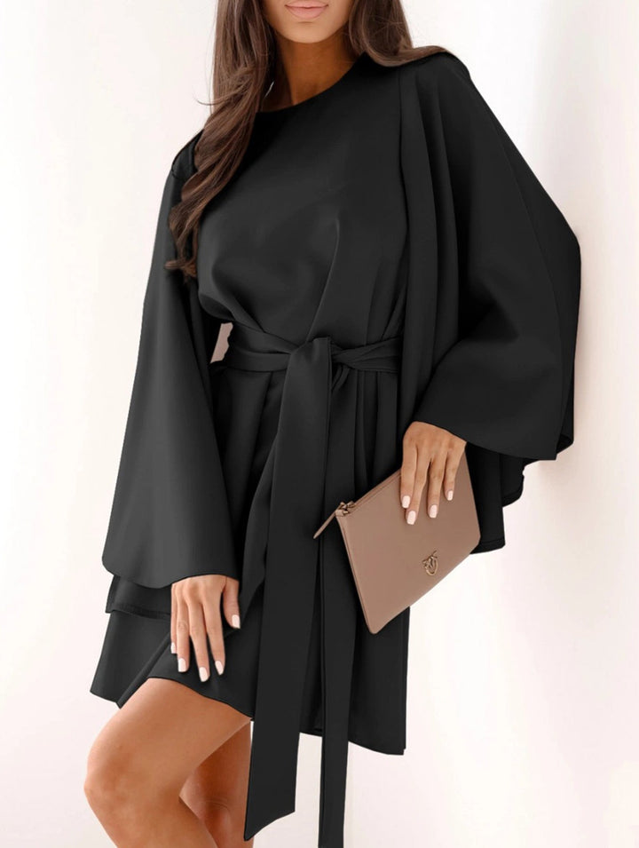 Round Neck Flare Sleeve Belted Dress – White Dress