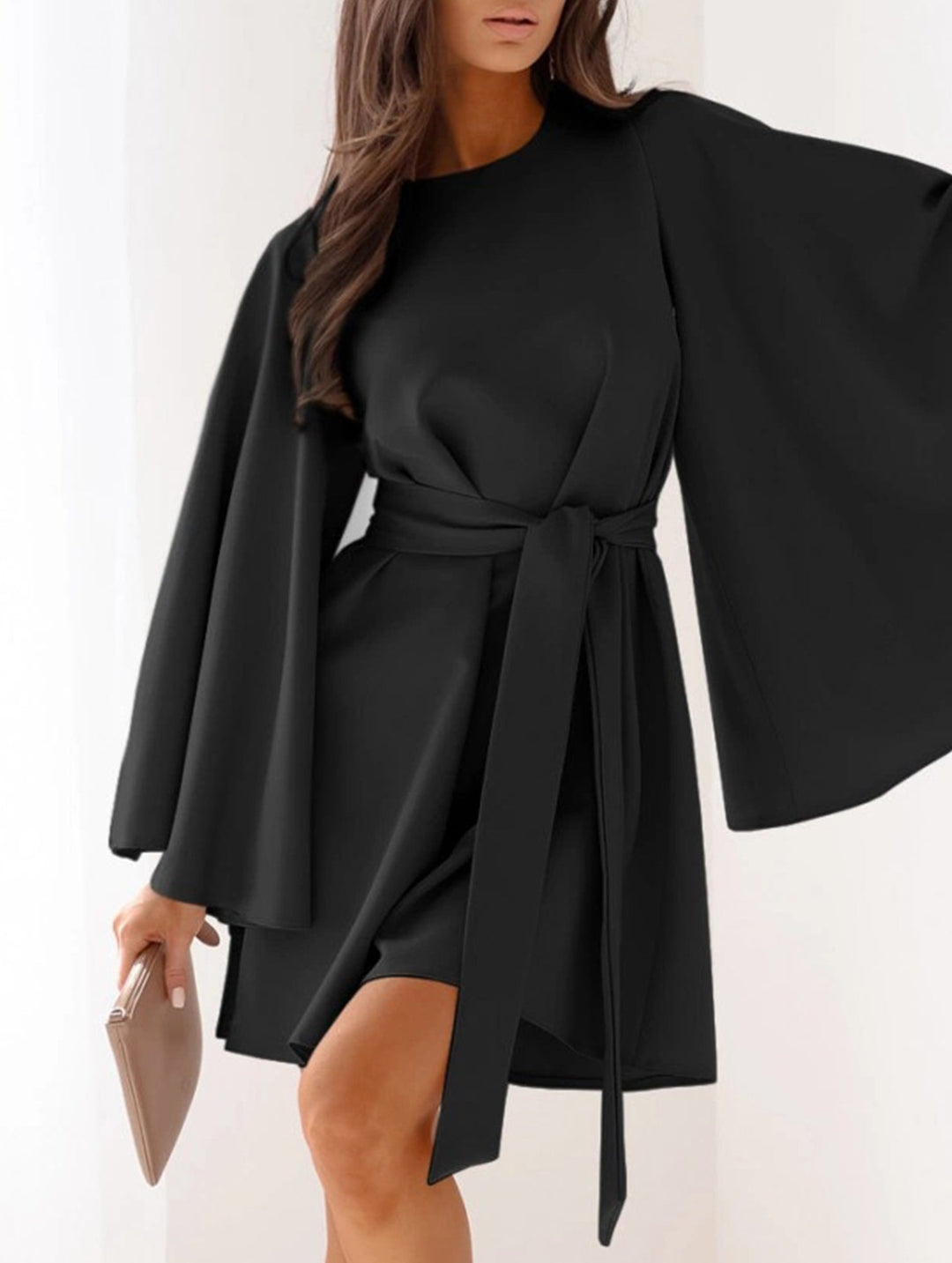 Round Neck Flare Sleeve Belted Dress – White Dress