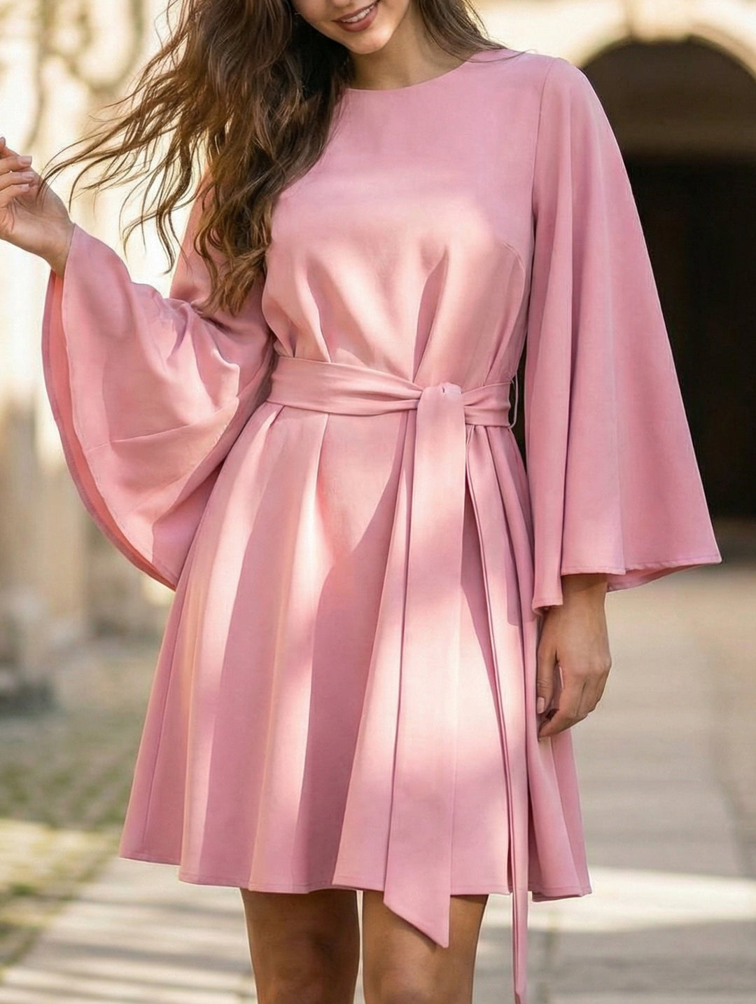 Round Neck Flare Sleeve Belted Dress – White Dress