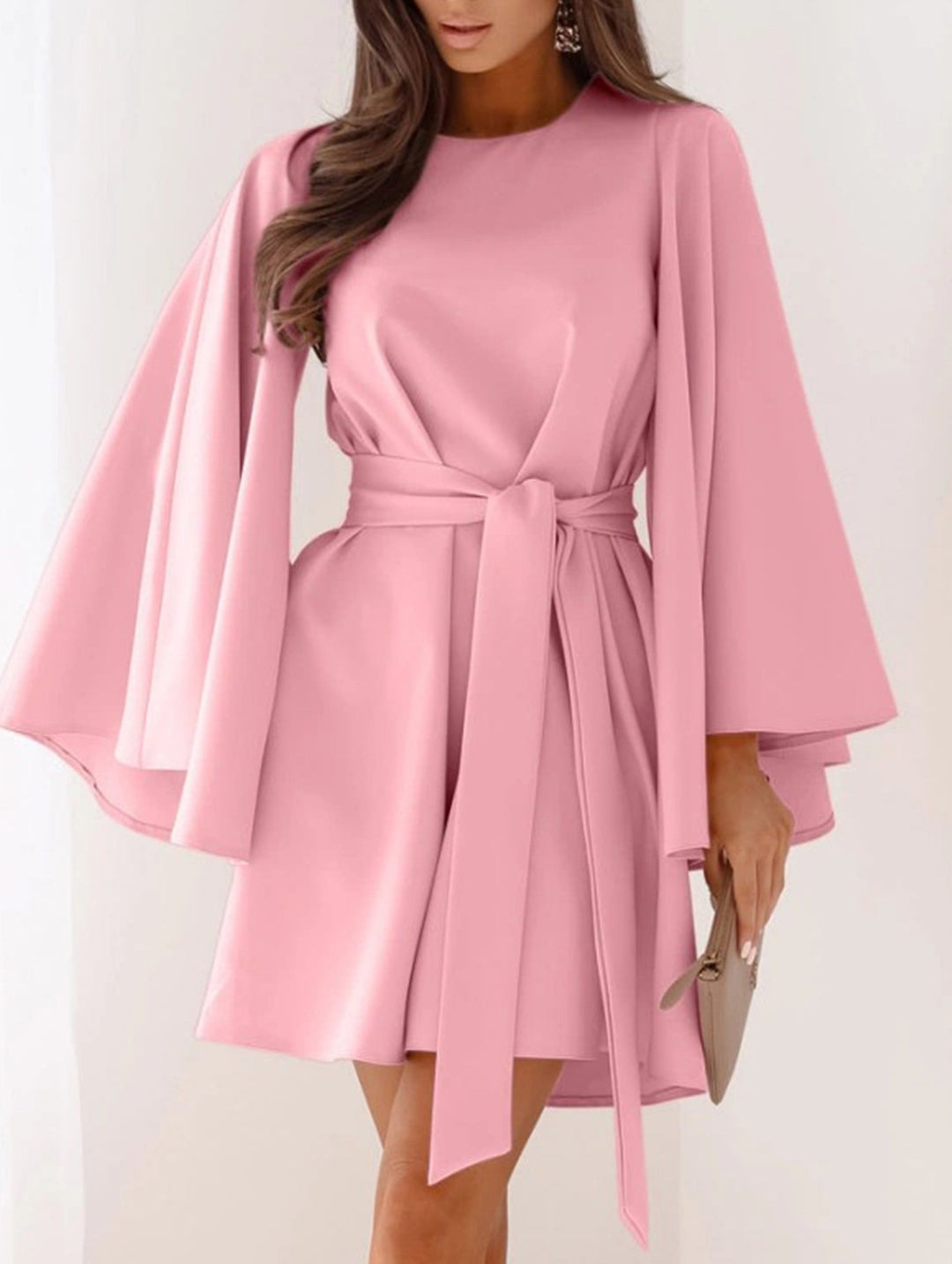 Round Neck Flare Sleeve Belted Dress – White Dress