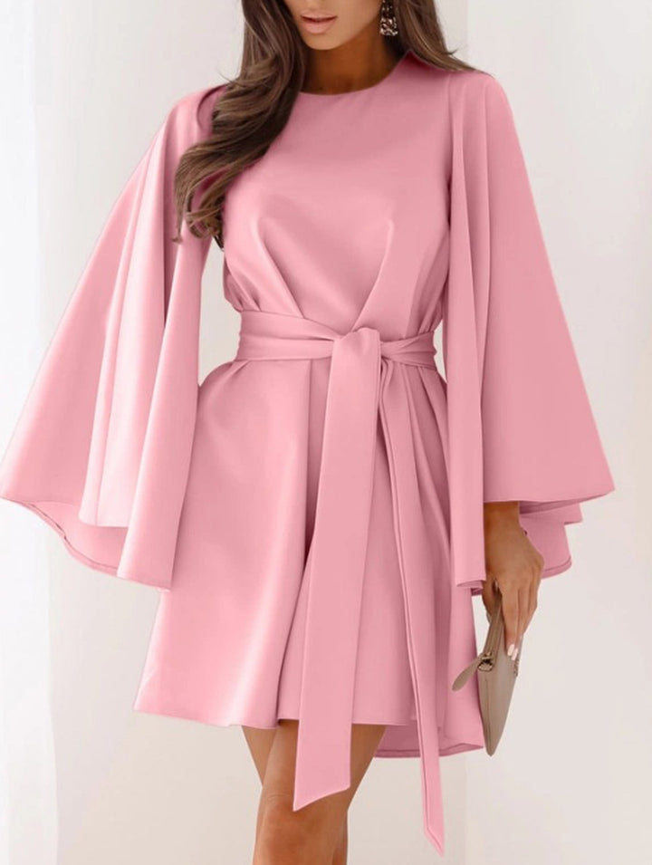 Round Neck Flare Sleeve Belted Dress – White Dress