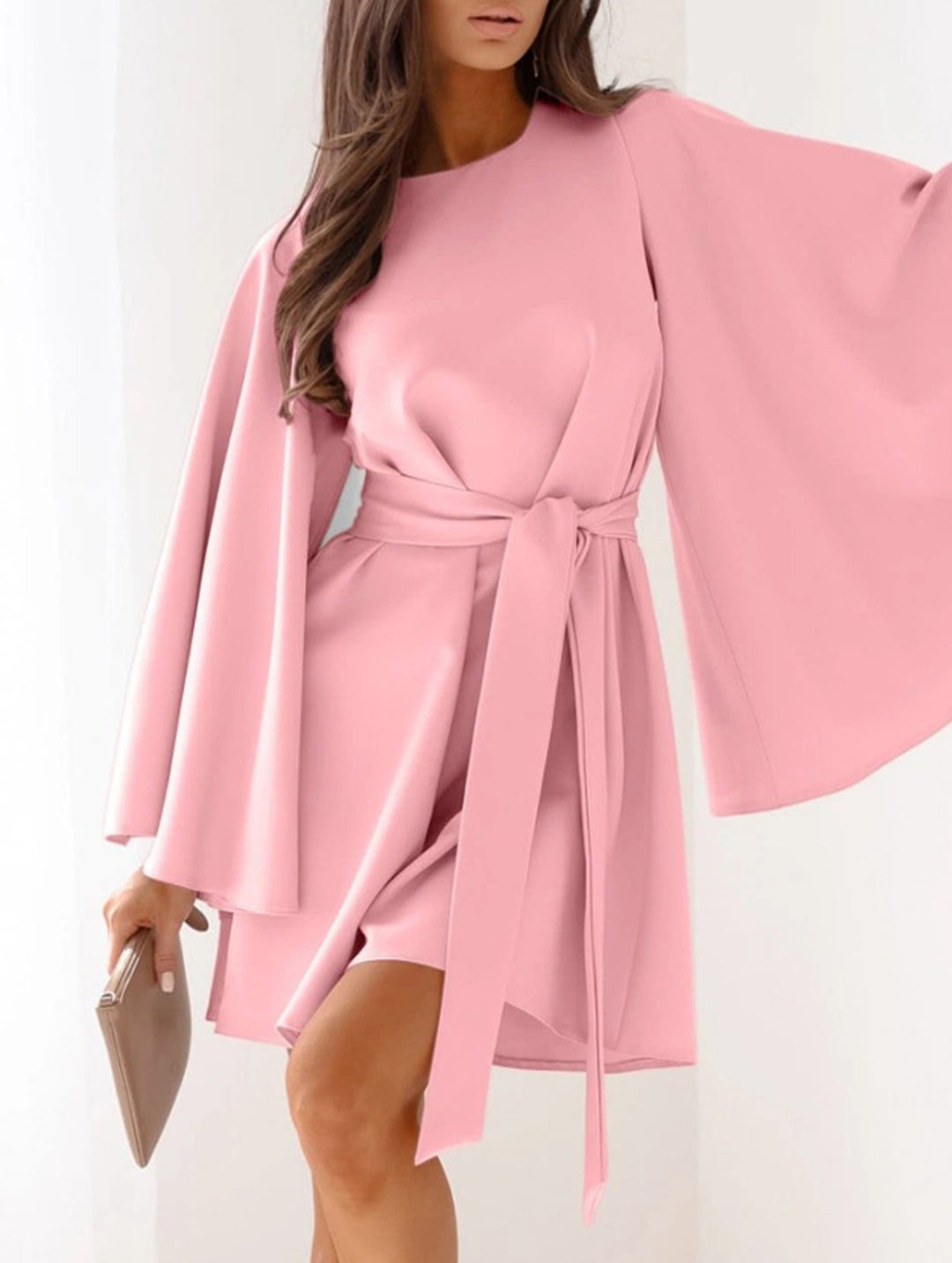 Round Neck Flare Sleeve Belted Dress – White Dress