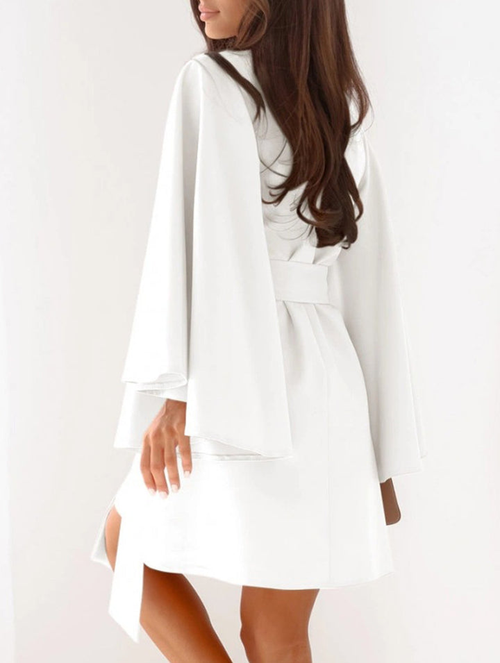 Round Neck Flare Sleeve Belted Dress – White Dress
