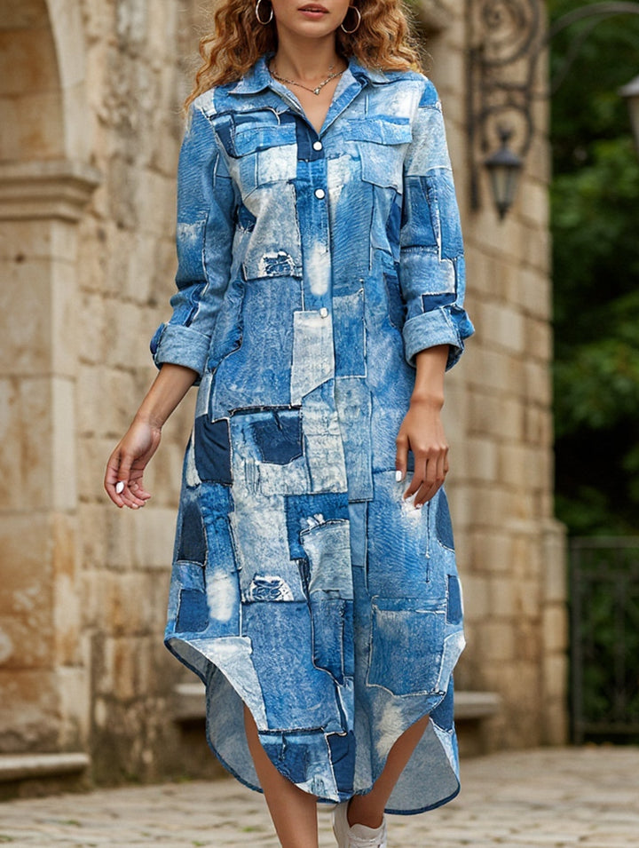 Denim Print Button-Down Shirt Dress – White Dress