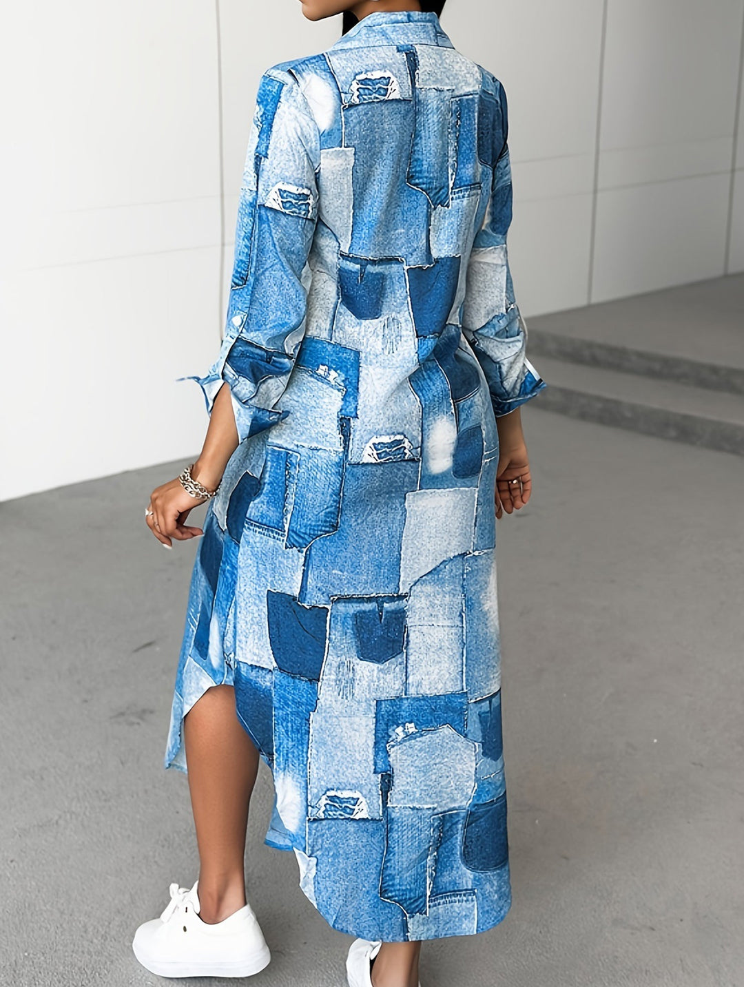 Denim Print Button-Down Shirt Dress – White Dress