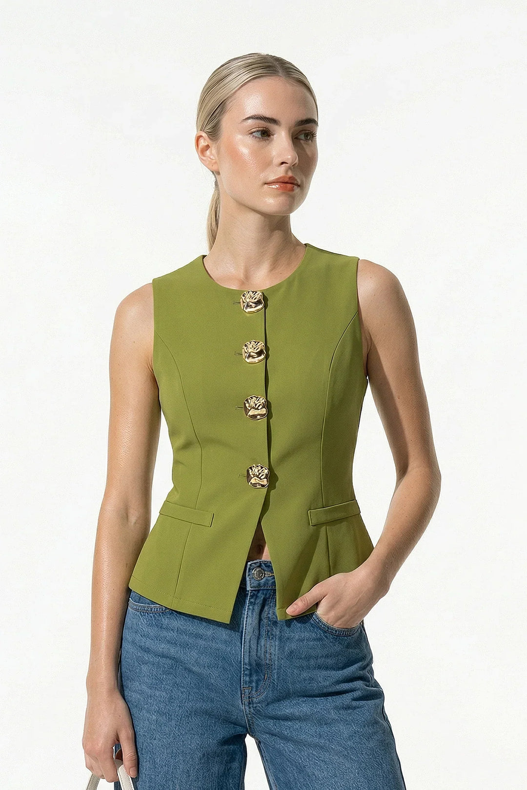 Waistcoat Women Sleeveless Tailored Metal Button