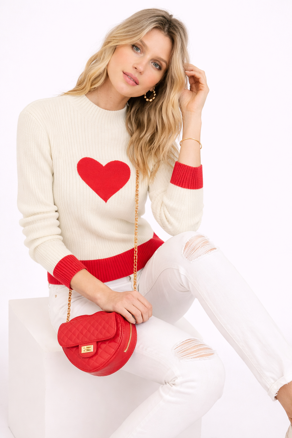 Margaret | Crew Neck Heart Print Sweater for Women
