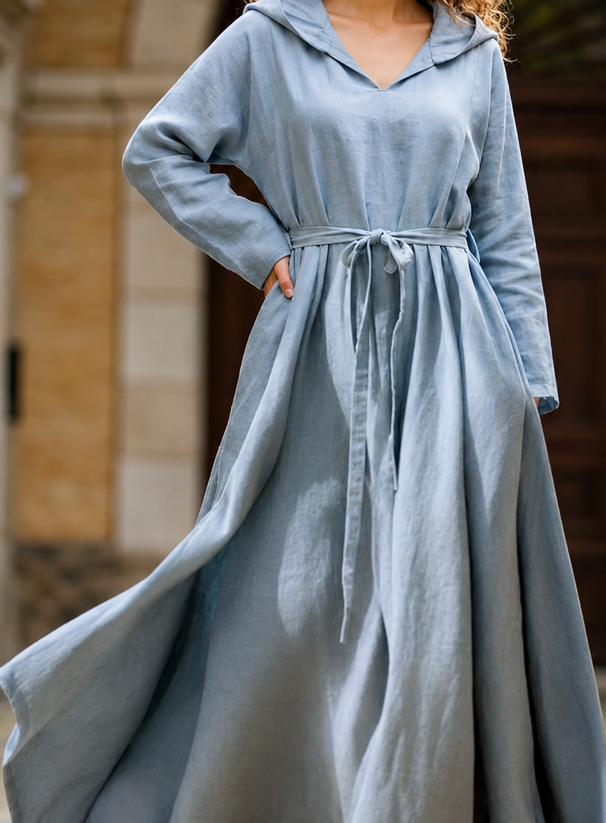 Cotton Linen Boho Hooded Dress – Casual Wedding Dress